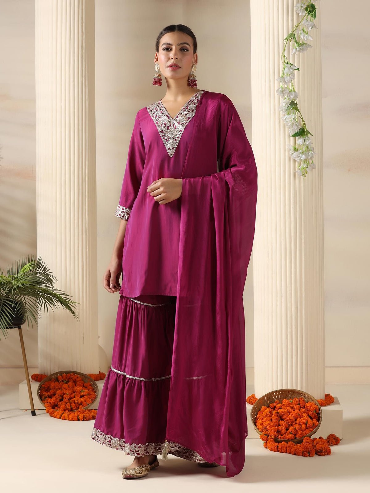 Pink Poly Viscose Solid Kurta Sharara Dupatta