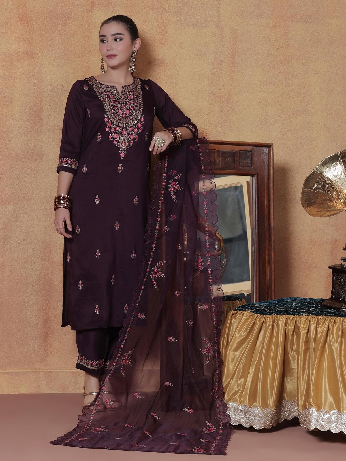Orchid Silk Blend Embroidered Kurta Comfort Pant Dupatta