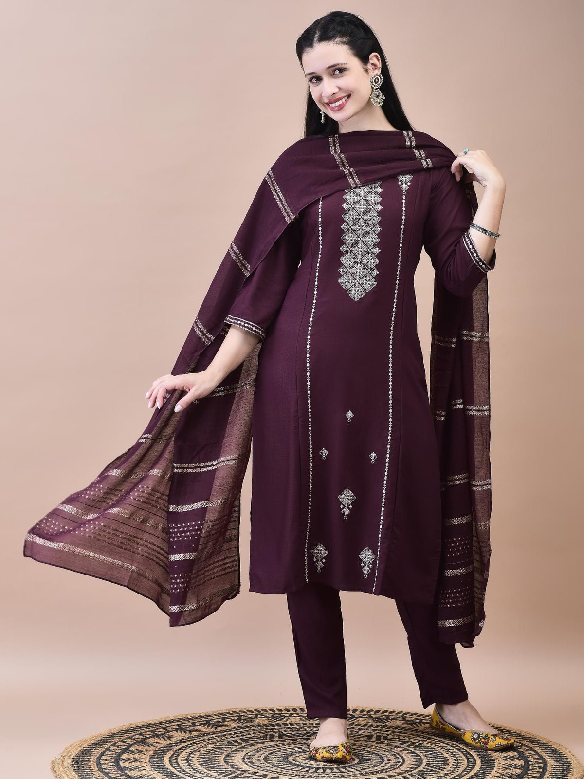 Poly Viscose Burgundy Embroidered Kurta Trouser Chanderi Dupatta