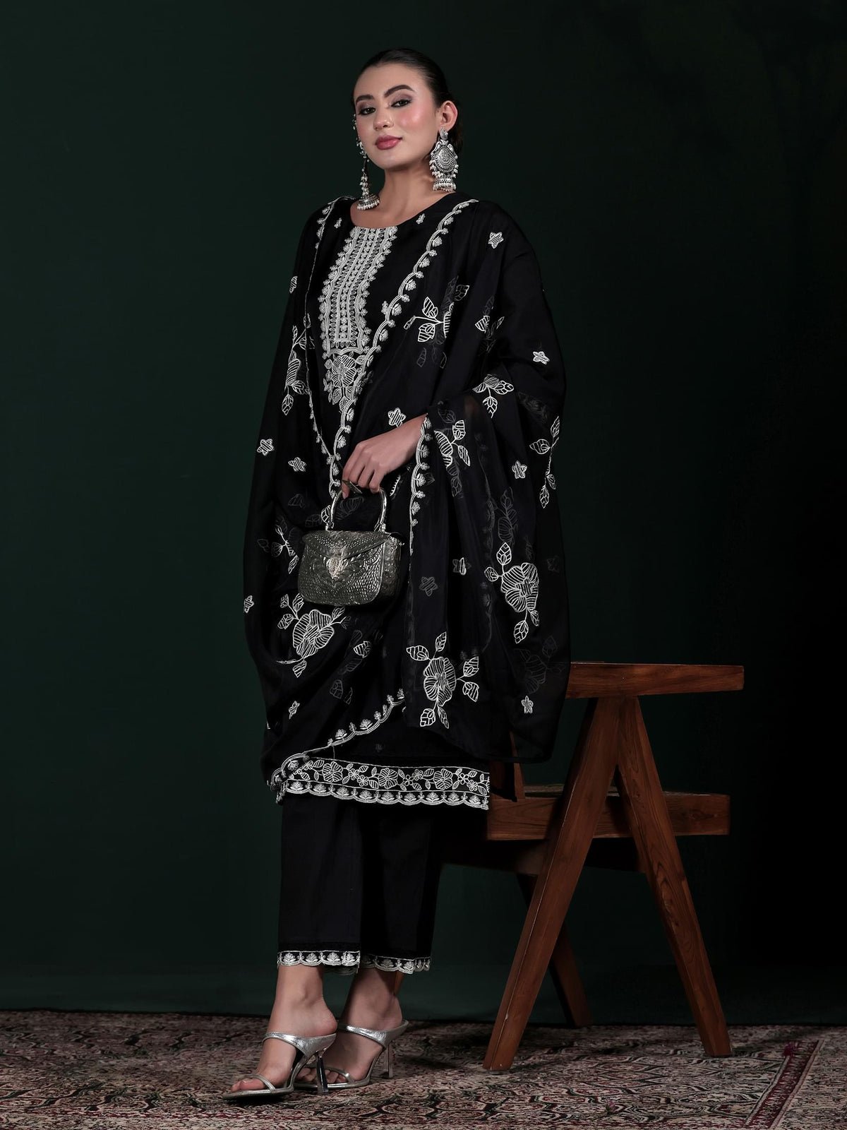 Organza Black Embroidered Kurta Comfort Pant With Dupatta