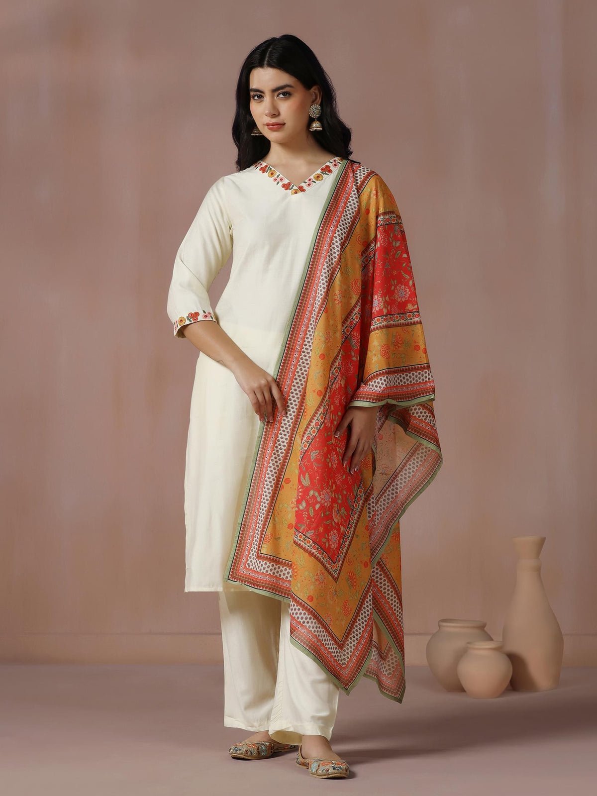 Poly Viscose Off White Embroidered Kurta Comfort Pant Dupatta