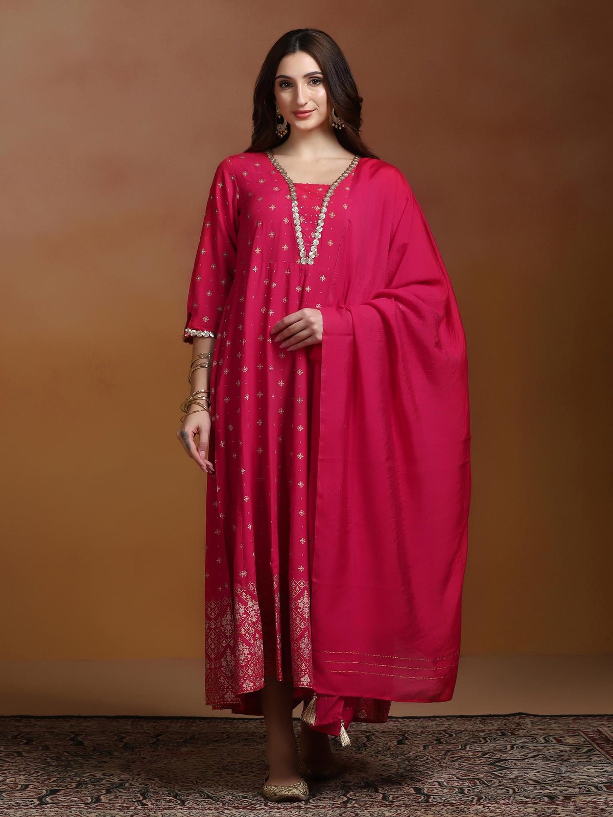 Poly Viscose Fuchsia Ornamental Print Dress With Dupatta