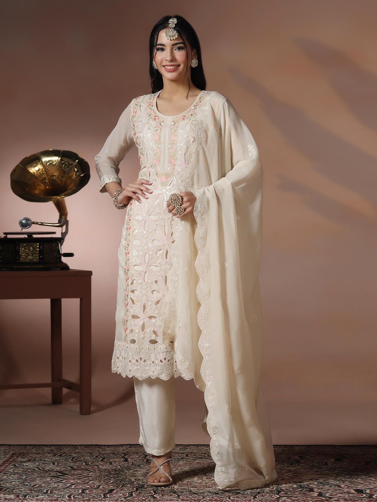 Organza Off White Embroidered Kurta Comfort Pant Dupatta