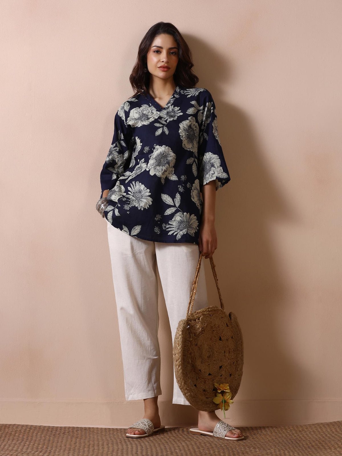 Navy Blue Cotton Printed Tunic