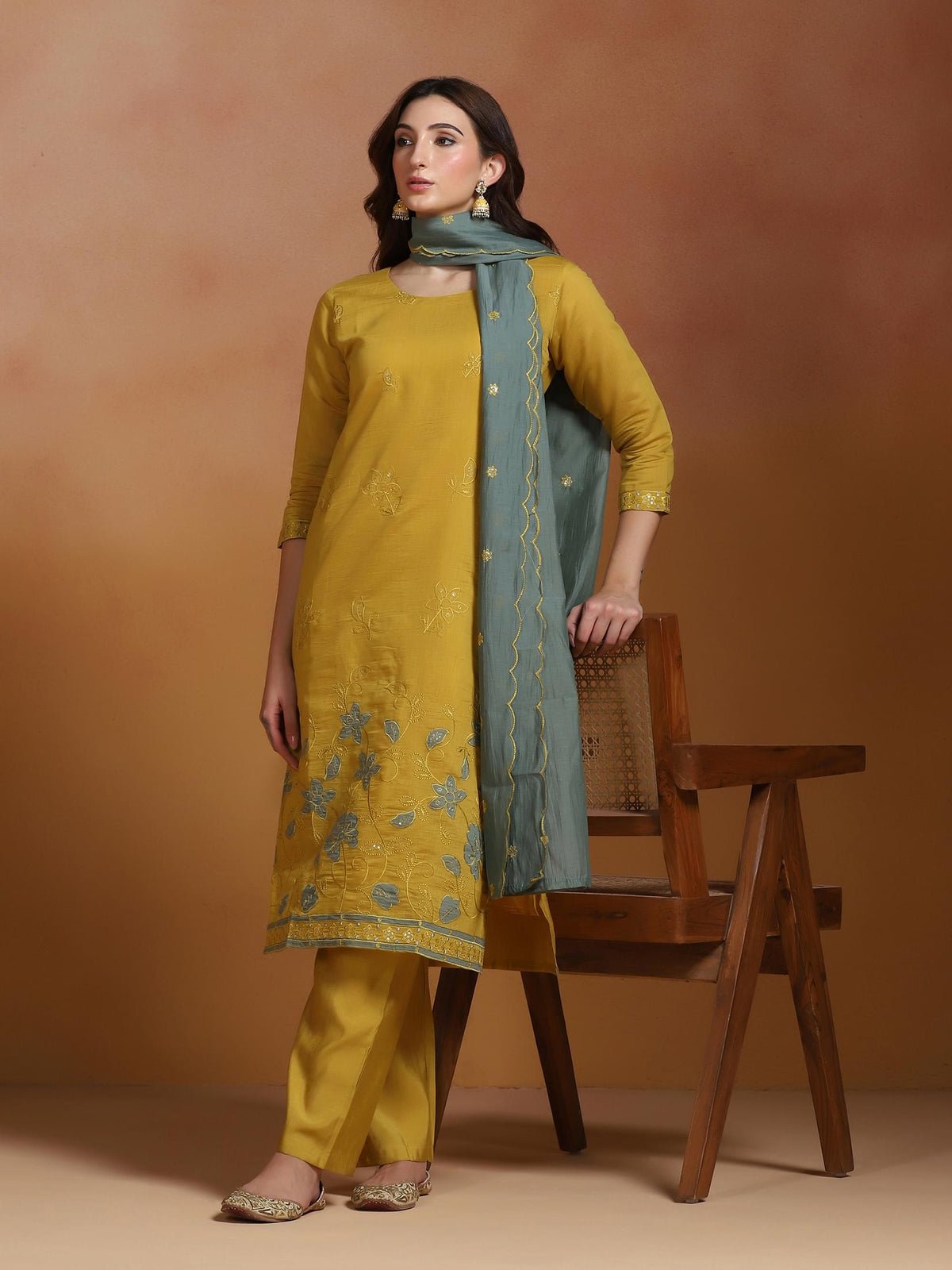 Mull Chanderi Mustard Embroidered Kurta Comfort Pant Dupatta