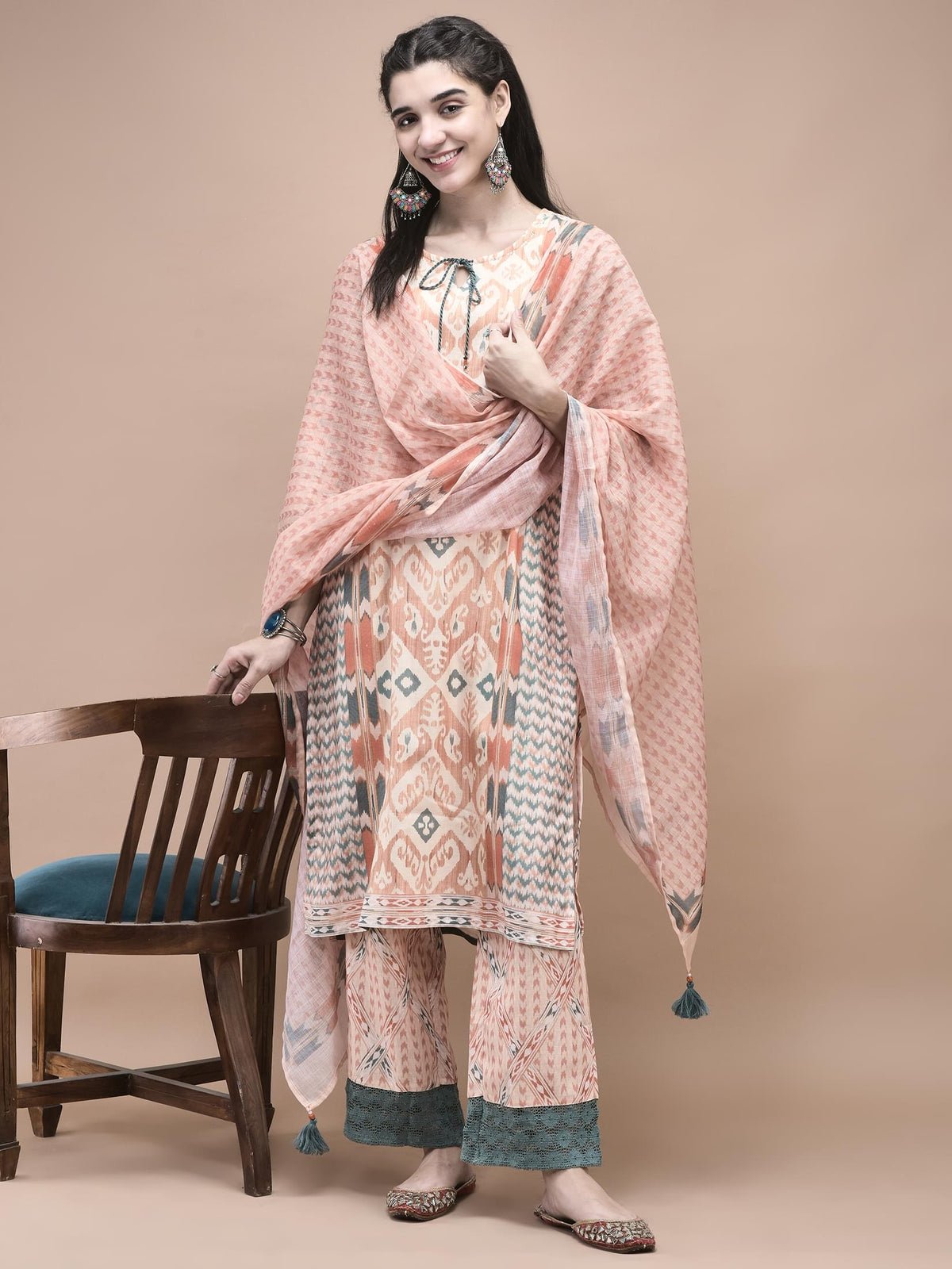 Linen Orange Ikat Print Kurta Comfort Pant Dupatta