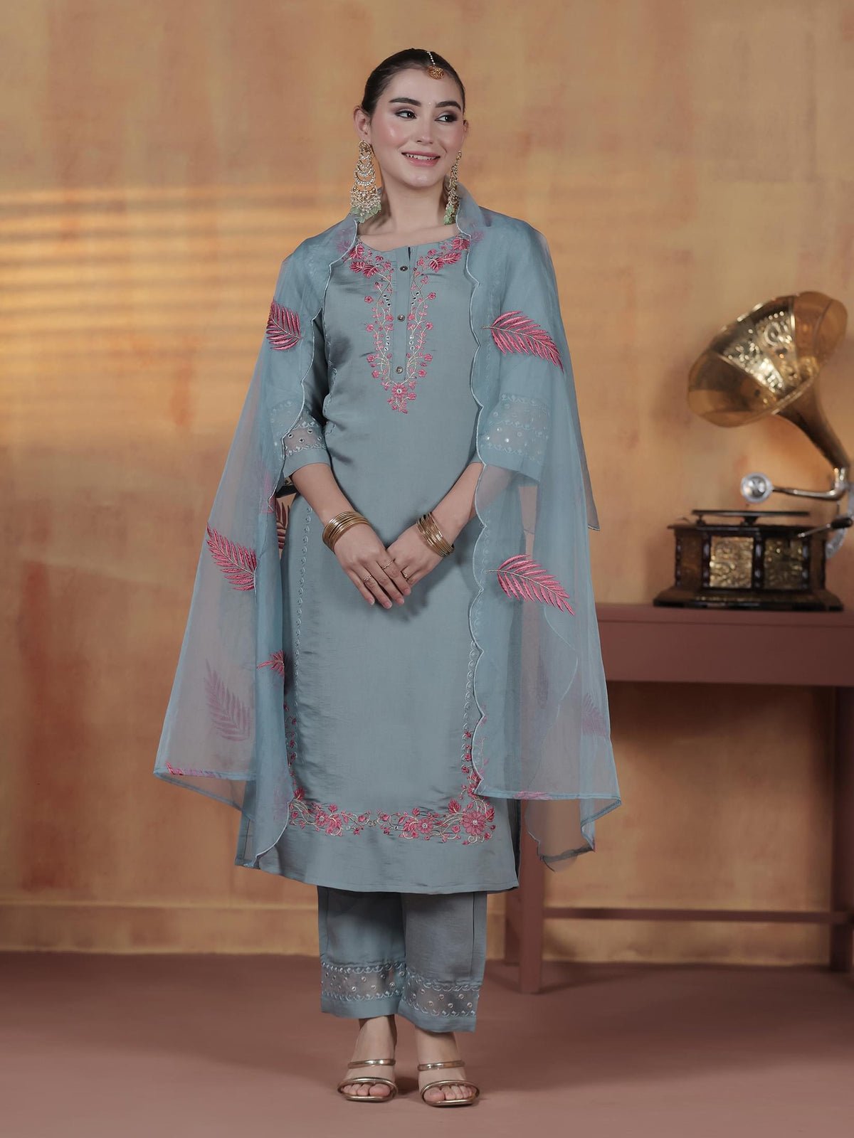 Silk Blend Powder Blue Embroidered Kurta Comfort Pant Dupatta