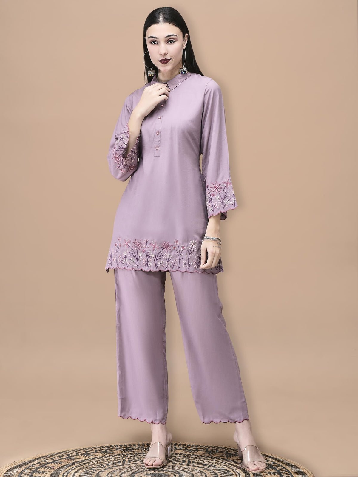 Poly Viscose Lilac Embroidered Co-Ord Set
