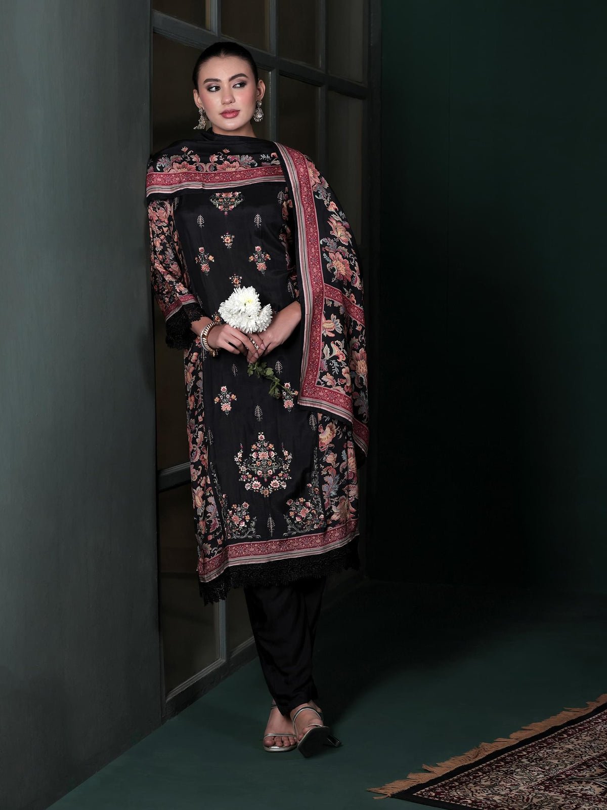 Muslin Black Embroidered Kurta Comfort Pant Dupatta