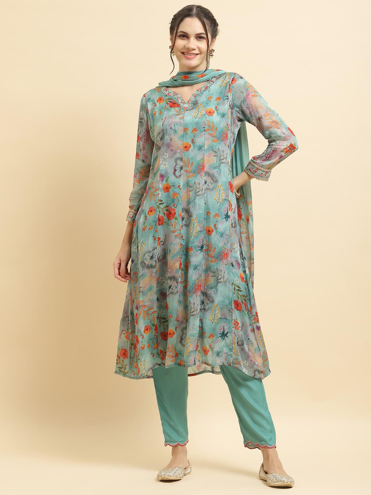 Chinon Turquoise Blue Embroidered Kurta Trouser Dupatta