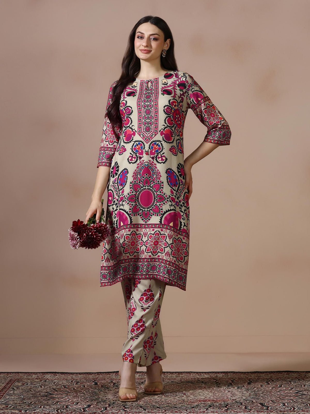 Liva Beige Printed Kurta With Comfort Pant
