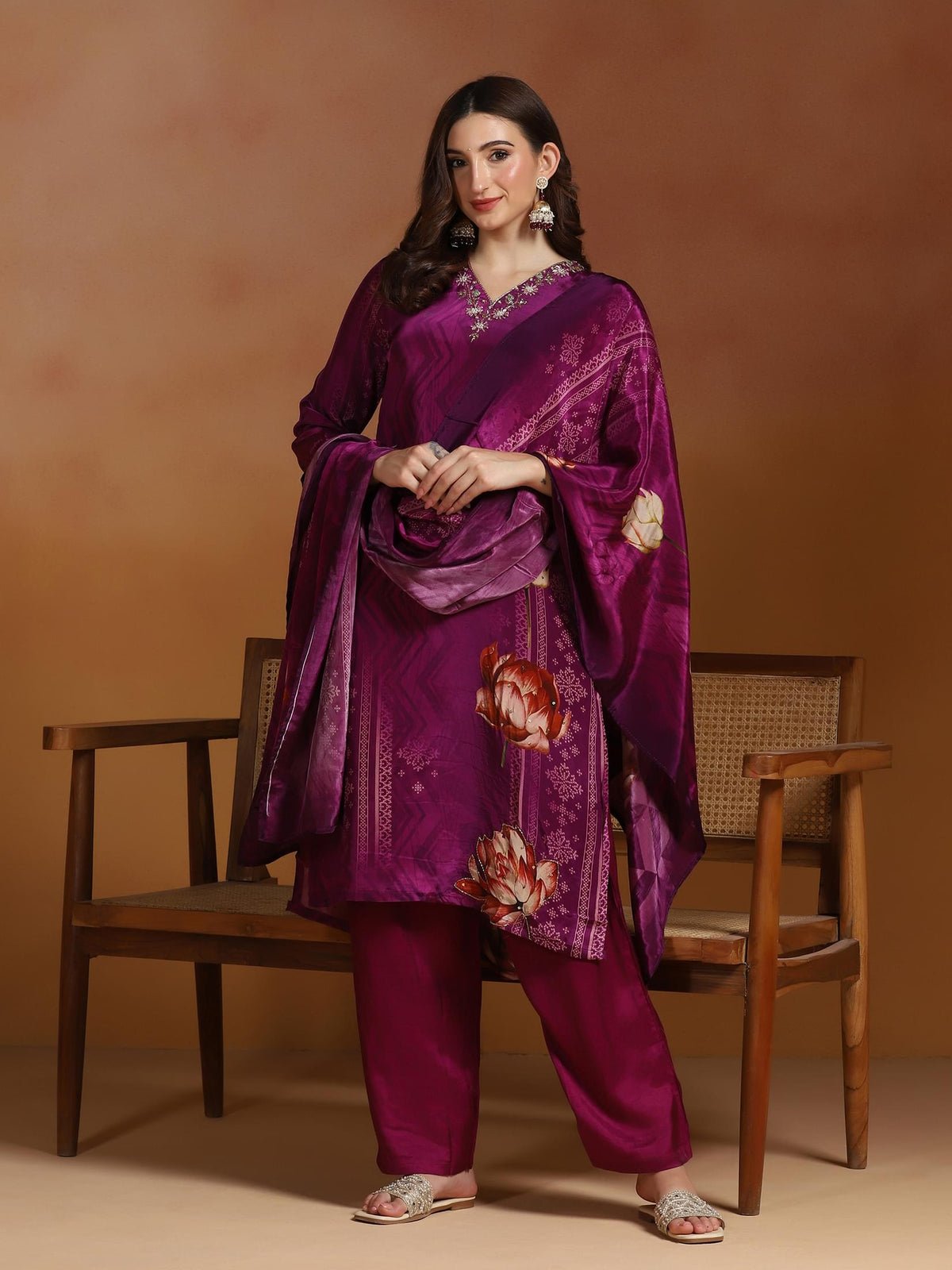 Natural Crepe Purple Printed Kurta Comfort Pant Dupatta