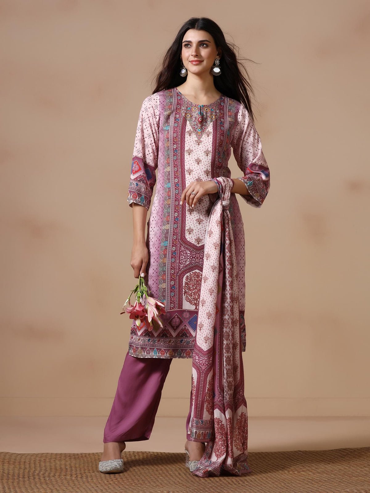 Liva Wine Multicolor Printed Kurta Comfort Pant Dupatta