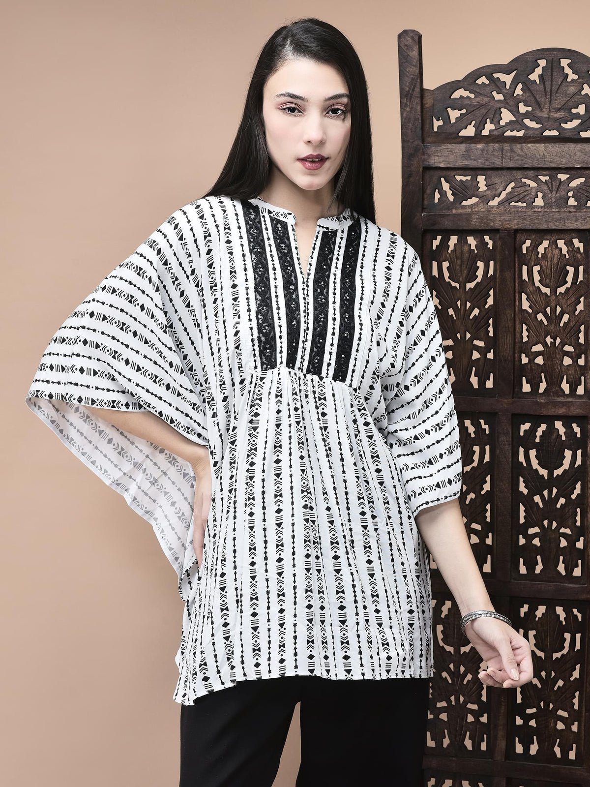 Liva White and Black Geometric Print Tunic