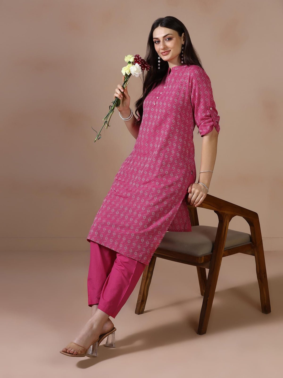 Poly Cotton Pink Yarn Dyed Kurta With Comfort Pant