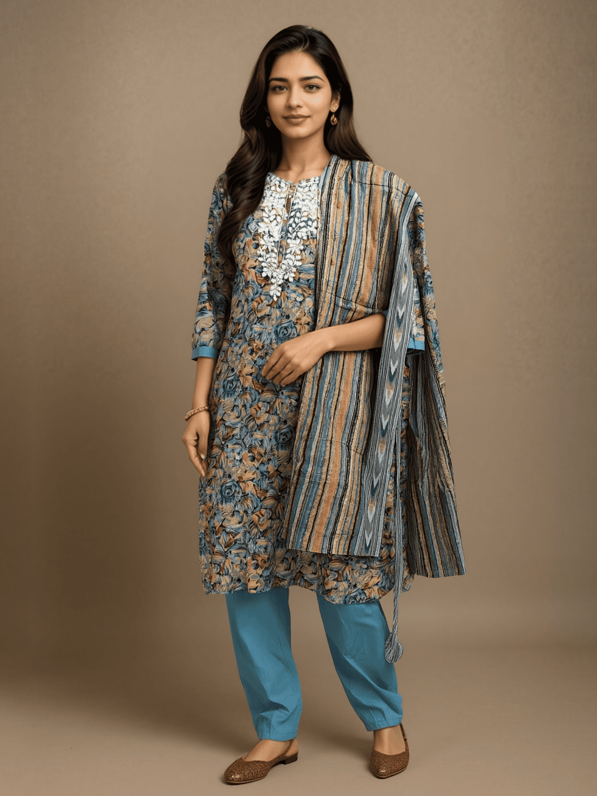 Indiessence Cotton Turquoise Blue Embroidered Kurta Comfort Pant Dupatta