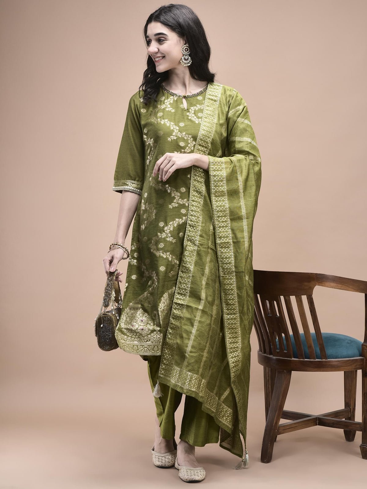 Jacquard Green Woven Kurta Comfort pant Dupatta