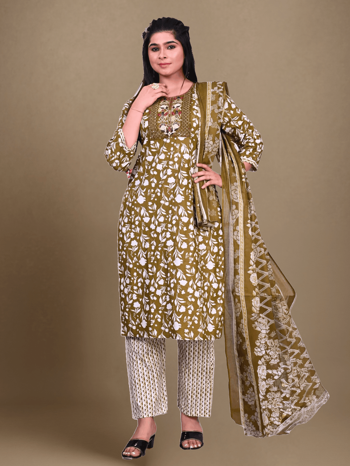 Indiessence Cotton Olive Embroidered Kurta Comfort Pant Dupatta
