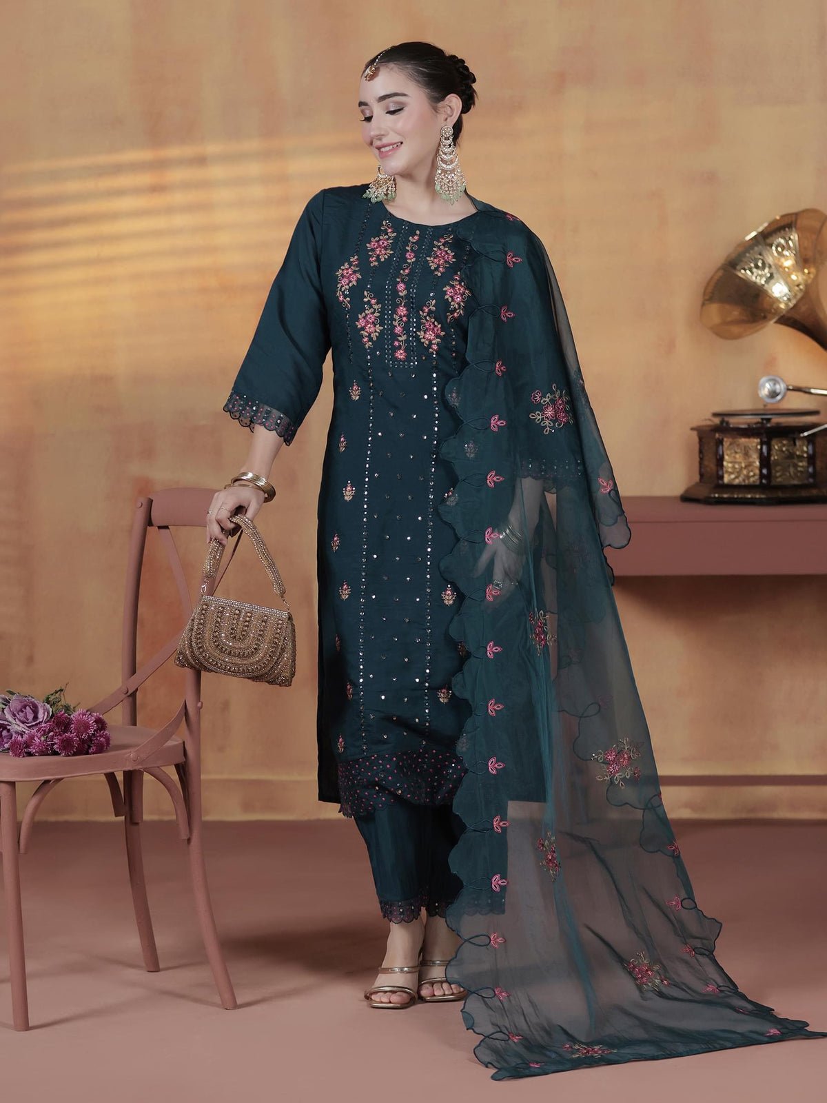Silk Blend Blue Embroidered Kurta Comfort Pant Dupatta