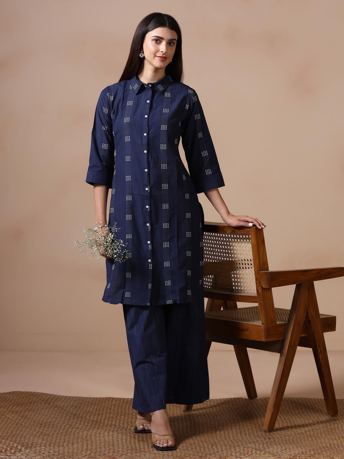Poly Cotton Navy Blue Yarn Dyed Kurta With Wide Leg Pant