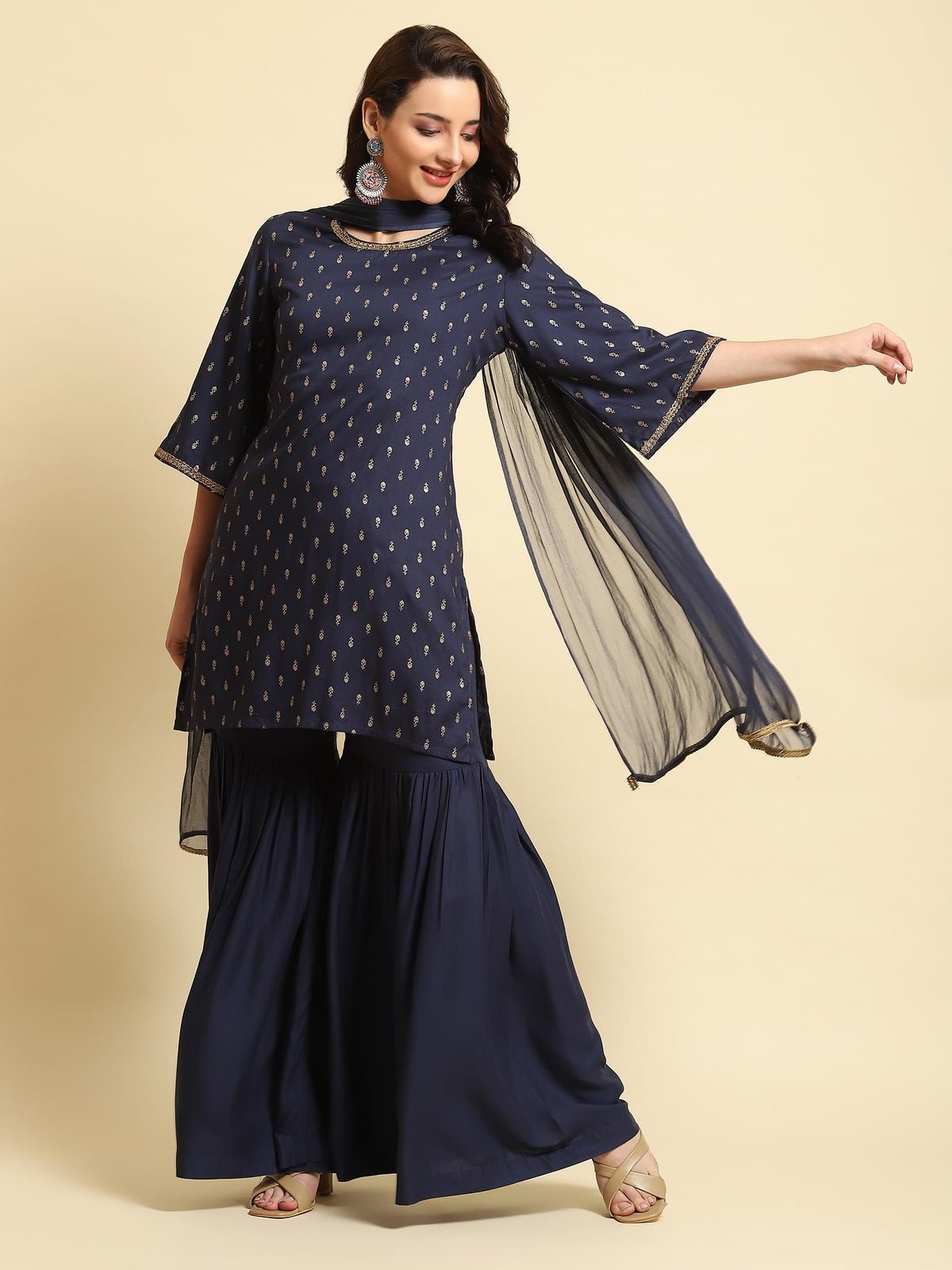 Navy Blue Floral Printed Kurta Sharara Dupatta