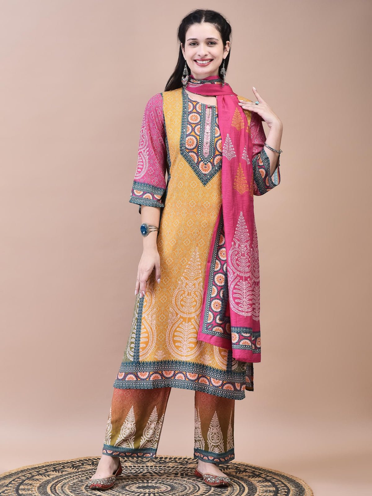 Liva Multicolor Ornamental Print Kurta Comfort Pant Chanderi Dupatta