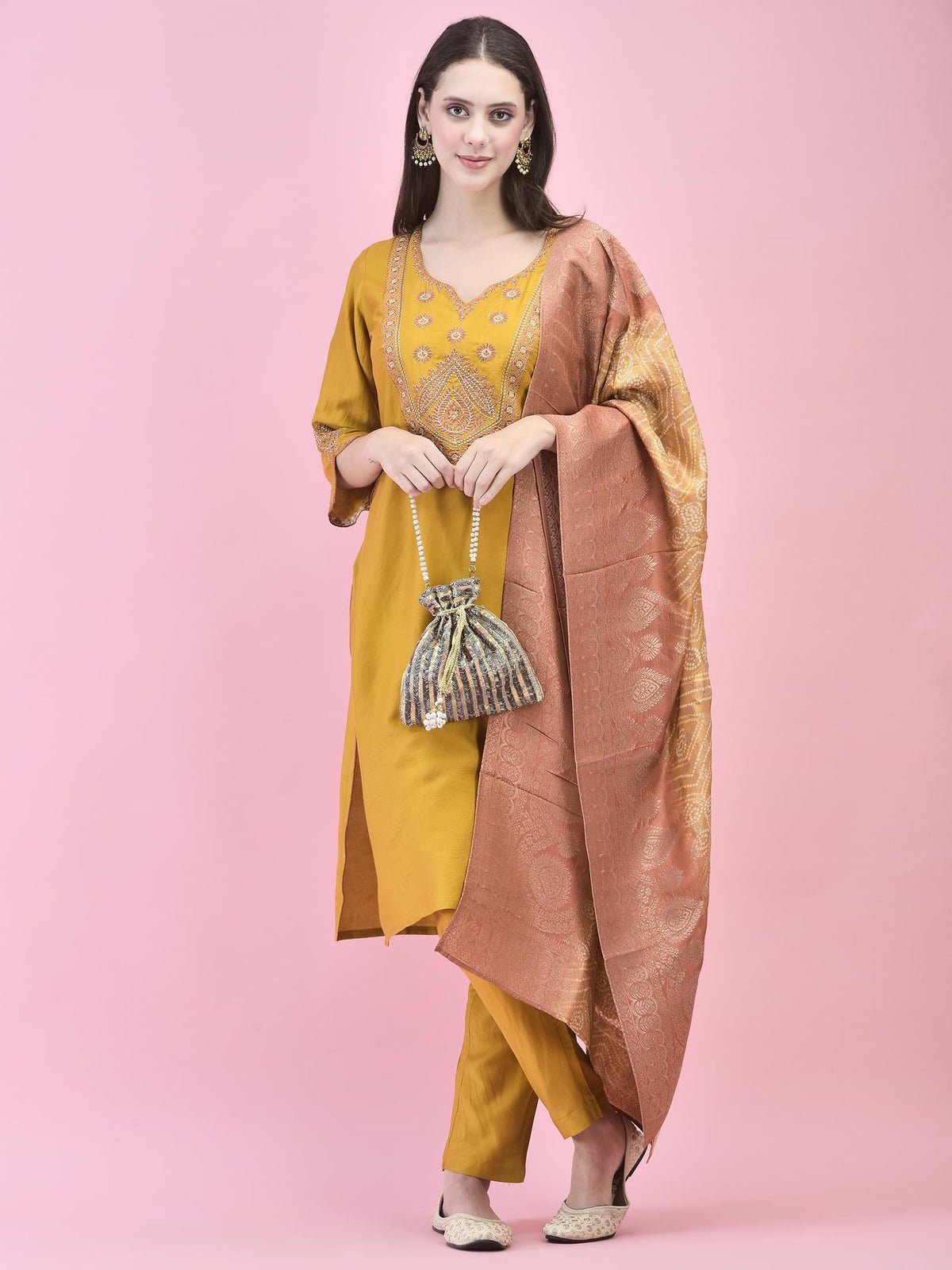 Viscose Mustard Embroidered Kurta Trouser Dupatta