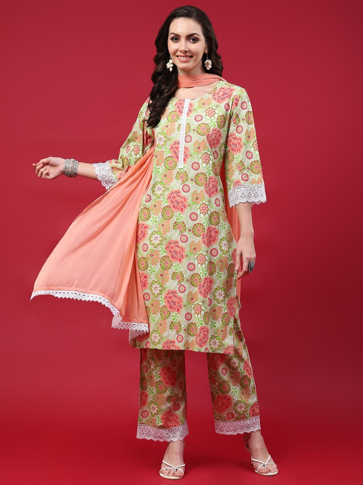 Green Floral Printed Kurta Comfort Pant Dupatta