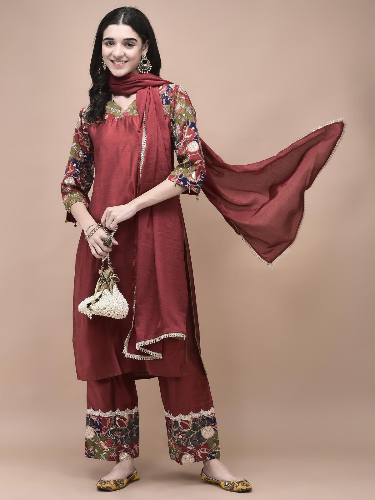 Silk Blend Maroon Embroidered Kurta Comfort Pant Dupatta (Style 20321)