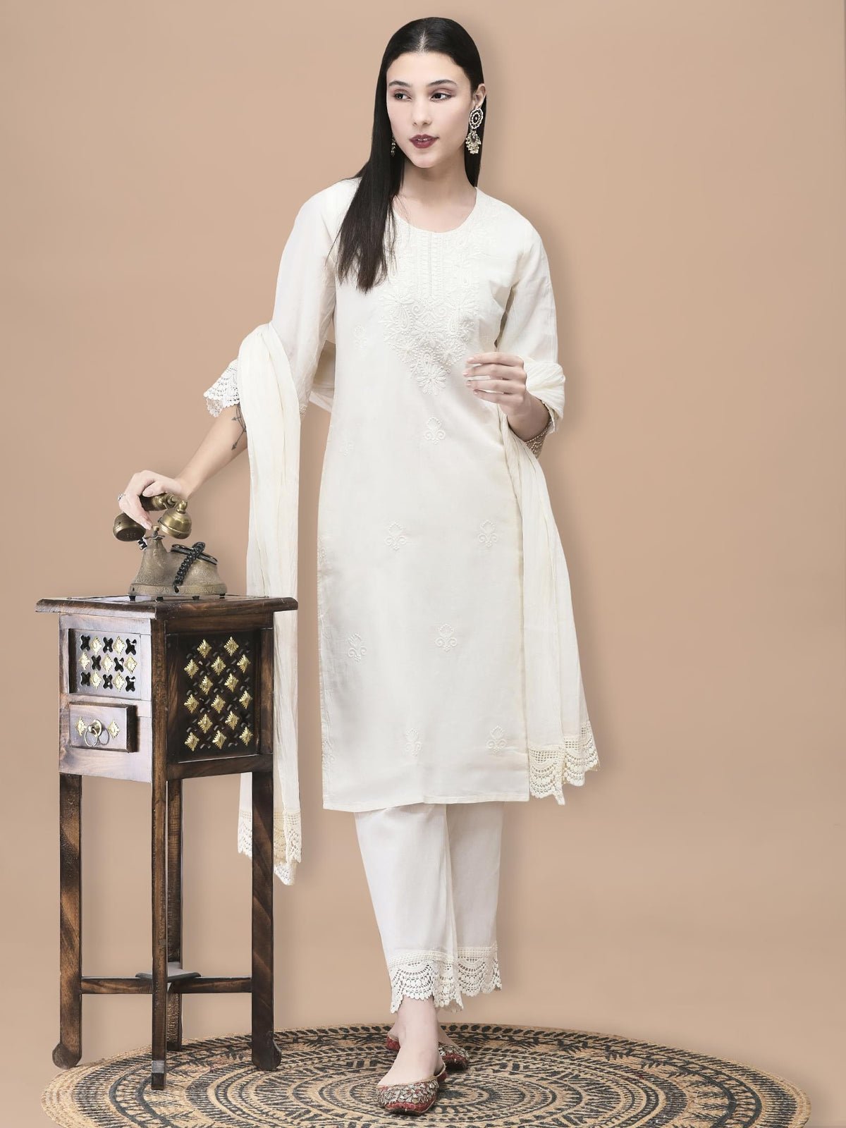 Cotton Off White Embroidered Kurta Comfort Pant Dupatta (Style 21012)