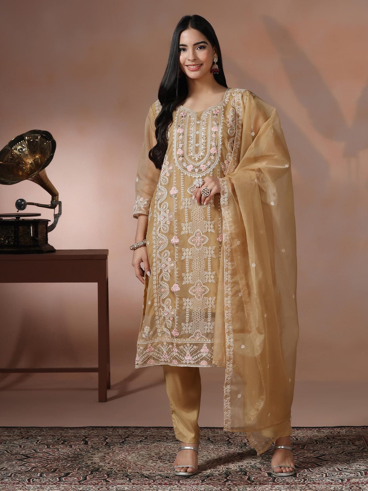 Organza Mustard Embroidered Kurta Comfort Pant Dupatta