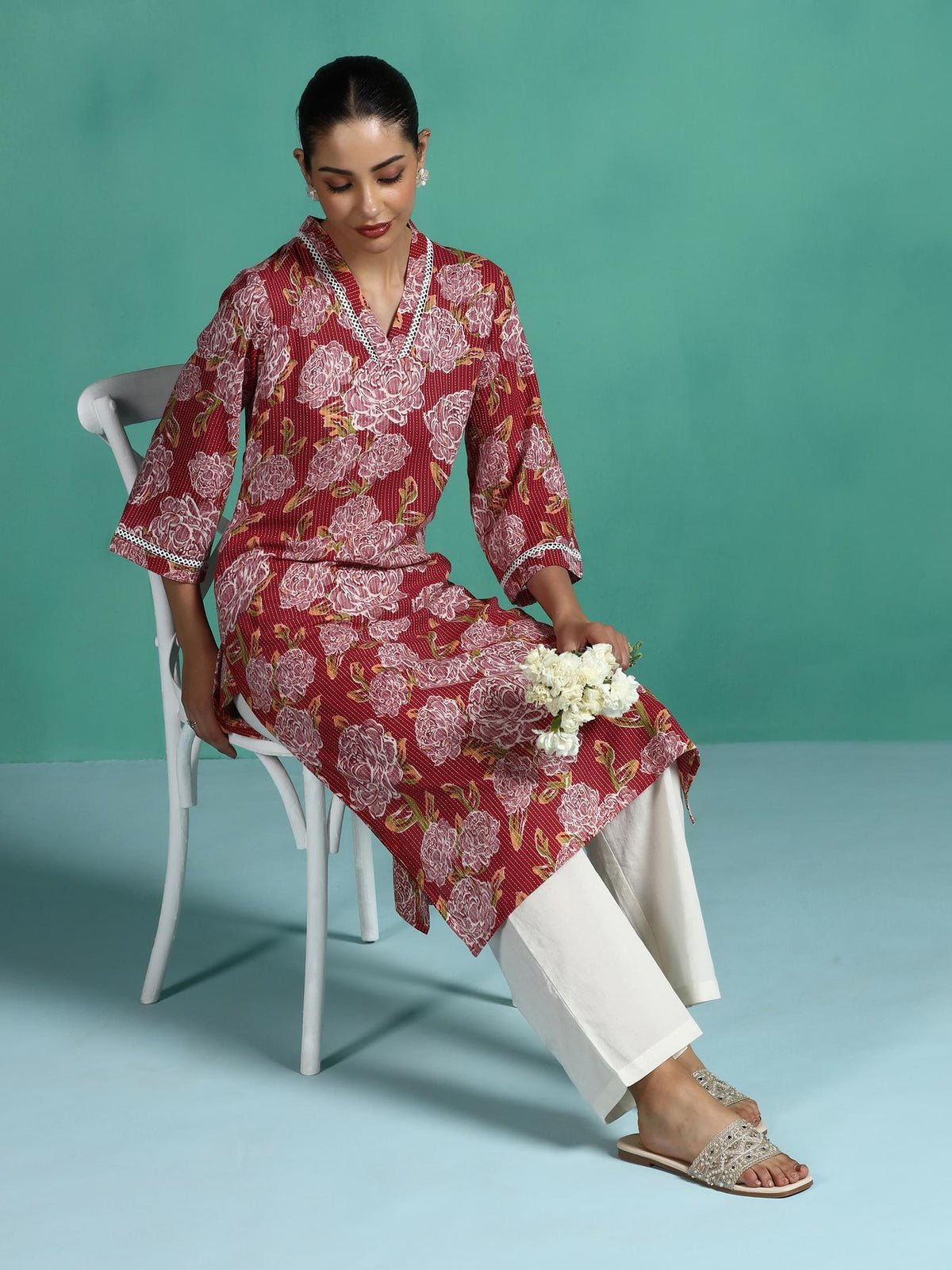 Cotton Red Floral Print Kurta